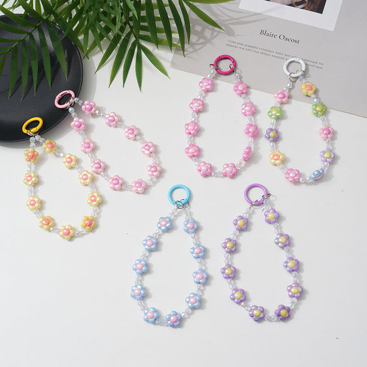 Women's colorful floral beaded phone chain, a stylish lanyard and smartphone strap accessory.