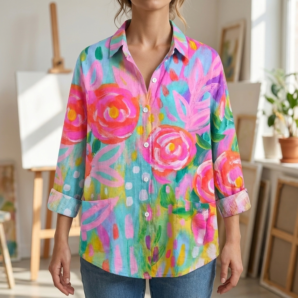 Women's colorful floral button-front blouse. Vibrant print, long sleeve, collared, perfect for spring casual style.