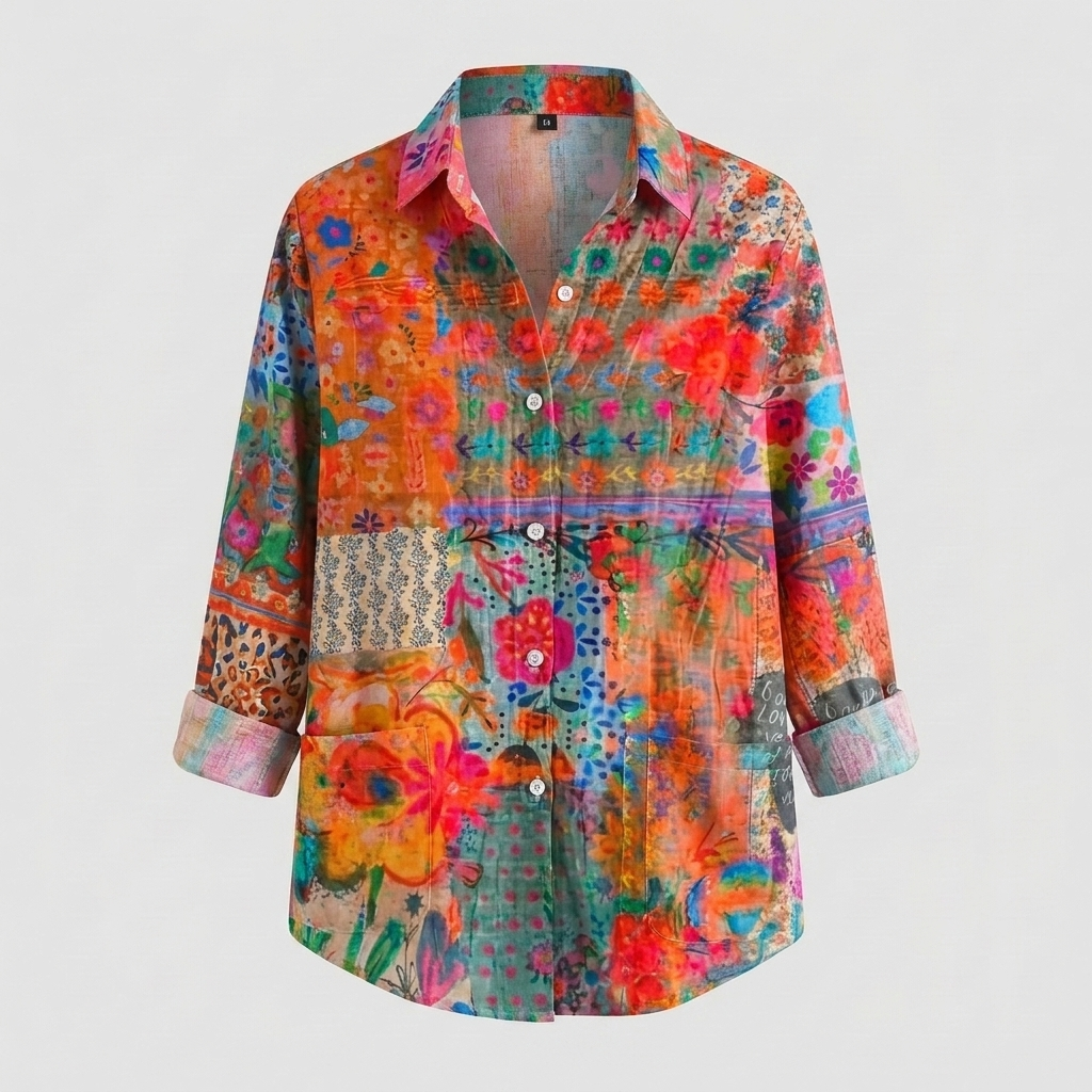 Elegant women's colorful floral blouse with button-front closure. Soft fabric, collared, long sleeves, effortless style.