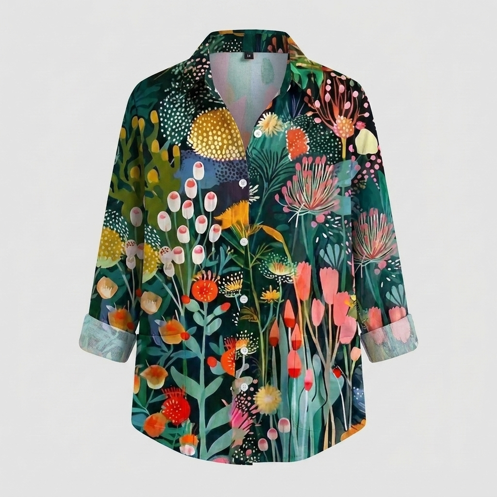 Bright floral print women's button-front blouse. Long sleeve, relaxed fit top, great for spring fashion and summer style.