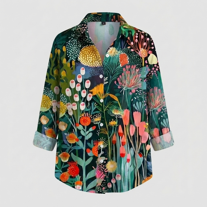 Bright floral print women's button-front blouse. Long sleeve, relaxed fit top, great for spring fashion and summer style.