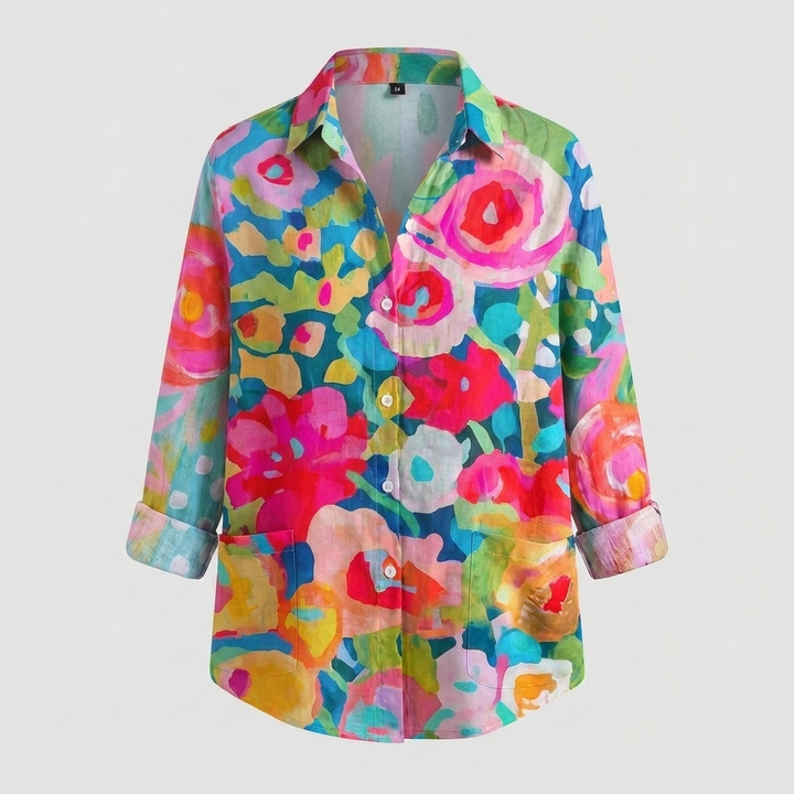 Lightweight women's floral button-front blouse. Colorful spring & summer top with long sleeves, relaxed fit for comfort.