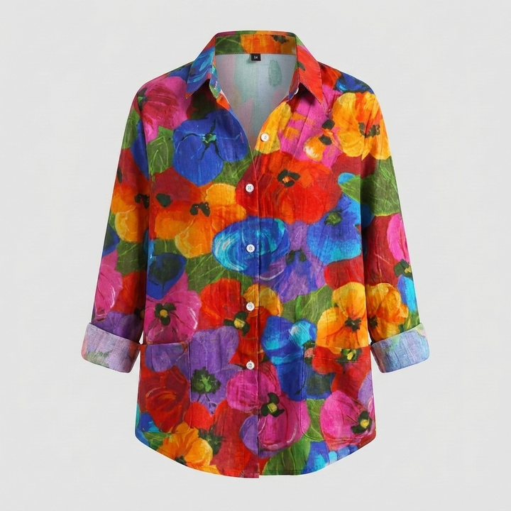 Stylish women's colorful floral long sleeve blouse. Button-front shirt with a vibrant print, suitable for all casual occasions.