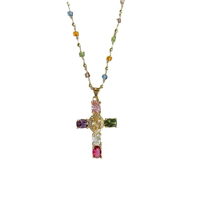 Unique colorful gemstone beaded cross necklace, a beautiful spiritual fashion jewelry gift for women of all ages.