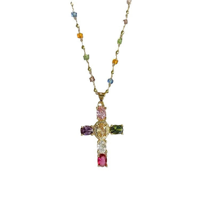 Unique colorful gemstone beaded cross necklace, a beautiful spiritual fashion jewelry gift for women of all ages.