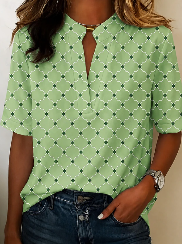 Women's colorful geometric print Henley blouse, perfect for a casual, effortless everyday style. Relaxed fit.