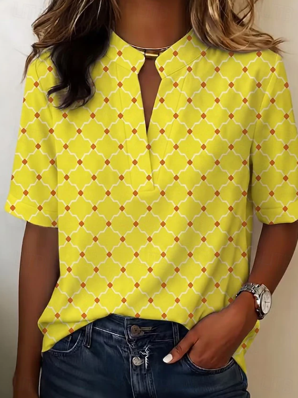 Comfortable women's geometric print Henley blouse, a versatile casual shirt for everyday wear & relaxed style.