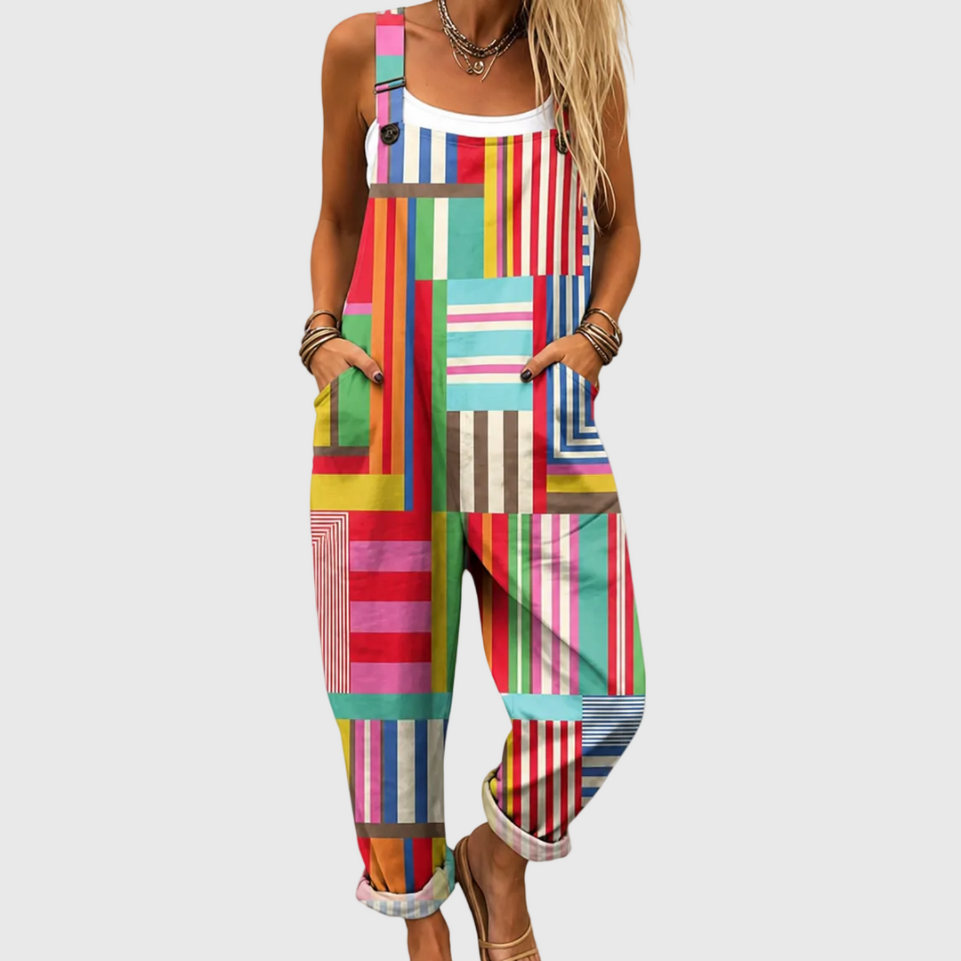 Women's colorful patchwork overalls with relaxed fit & side pockets, perfect for boho casual streetwear.