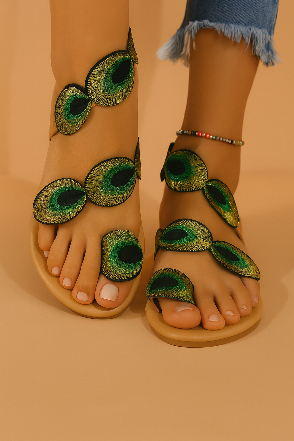 Women's colorful peacock green feather motif gladiator sandals, ideal for summer beach & casual wear.