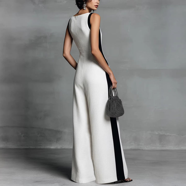 Stylish women's colour-block wide leg jumpsuit, V-neck, perfect for smart casual or evening wear. Comfortable fit.