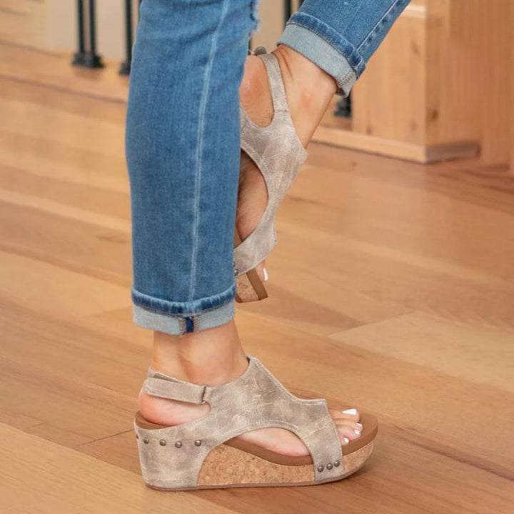 Beige Women's Comfort Balance Arch Support Sandals. Adjustable straps provide orthopedic support for walking & casual wear.