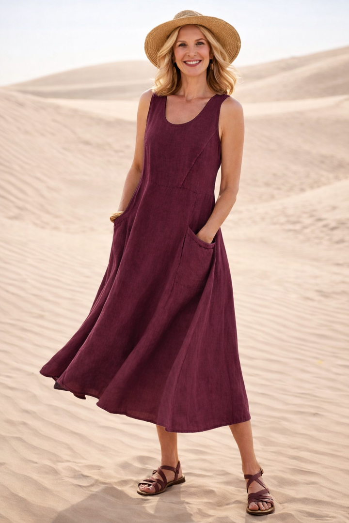 Sleeveless A-line midi dress for women, offering a comfortable fit and effortless style for casual or everyday wear.
