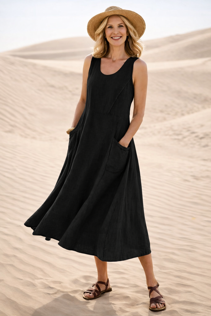 Light blue A-line midi dress, a comfortable and effortless sleeveless women's dress for daily casual style.