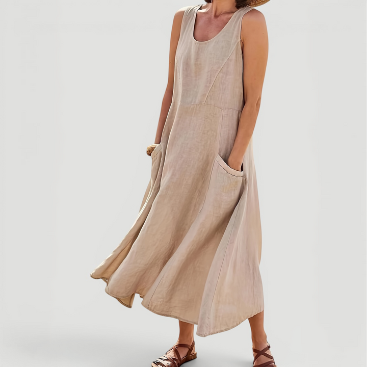Casual women's summer midi dress, comfortable A-line style with a relaxed fit for everyday wear.