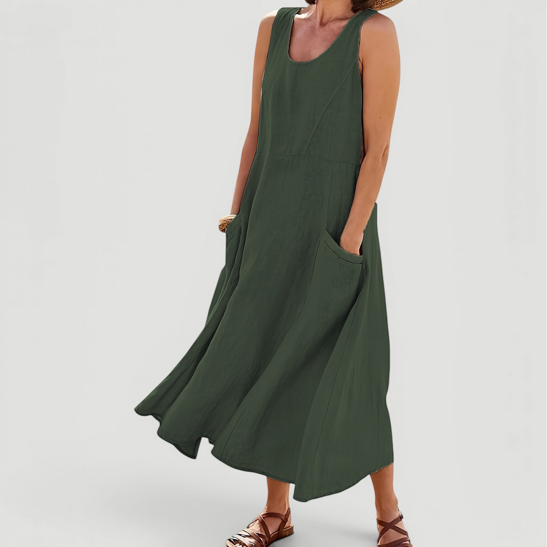 Soft, comfortable women's A-line midi dress; a relaxed fit summer essential for casual outings.