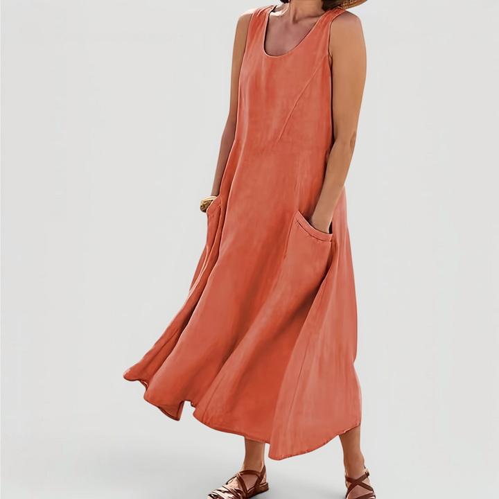 A-line midi summer dress for women, sleeveless & comfortable, designed for relaxed everyday style.