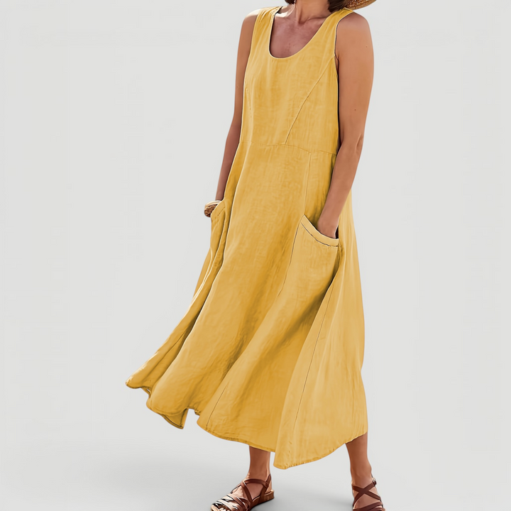 Chic A-line midi dress for women, super comfortable and relaxed fit; a perfect sleeveless summer casual.