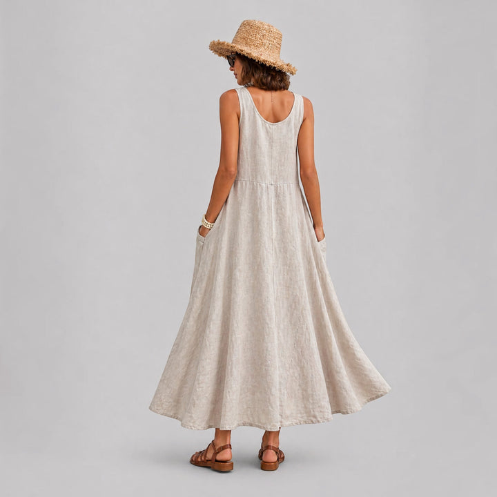 Round neck A-line midi dress for women, comfortable and sleeveless, great for everyday summer casual style.