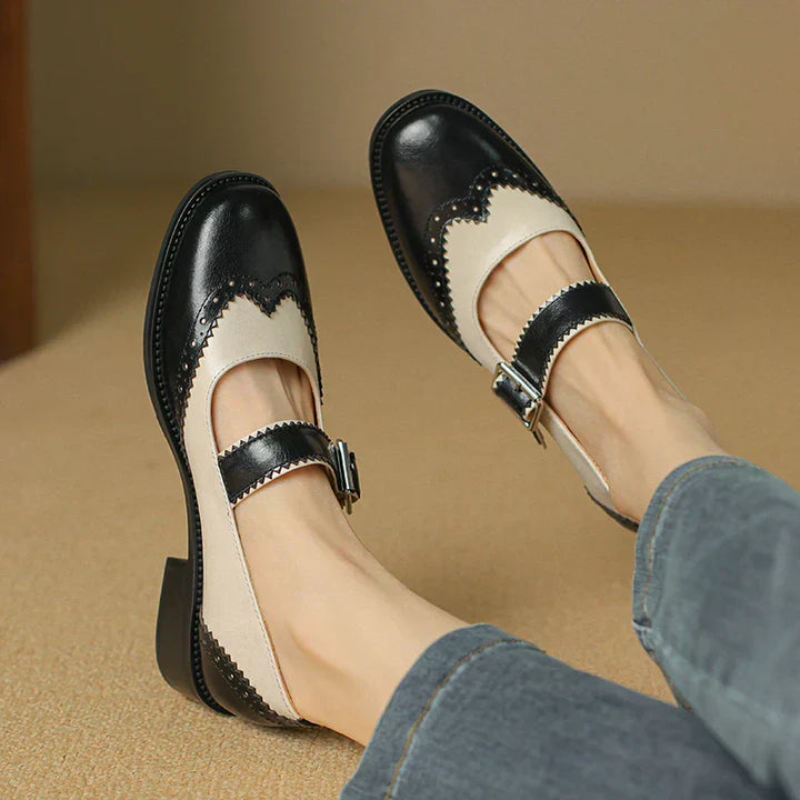 Women's comfortable brown leather Mary Janes. Everyday flat shoes with buckle strap, perfect for casual wear.