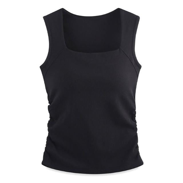 Close-up of soft, breathable fabric on a women's built-in support tank top. Ideal for comfortable everyday wear.