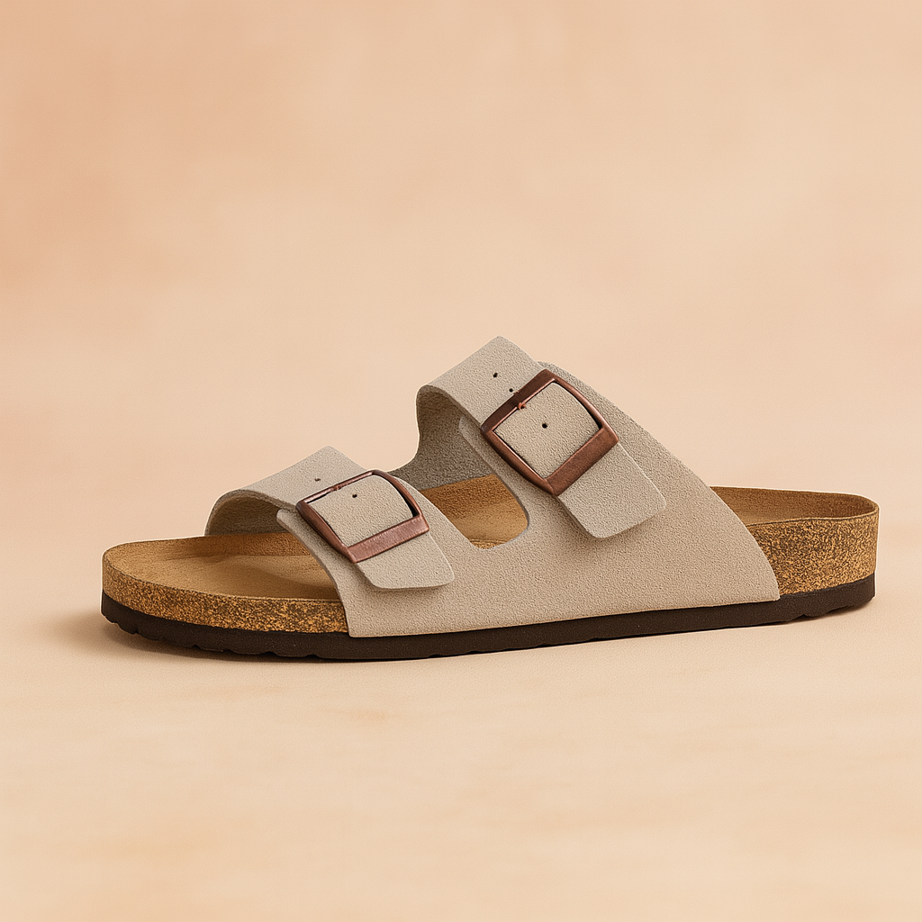 Women's comfortable double buckle slides for casual everyday style. Perfect summer open-toe slip-on sandals.