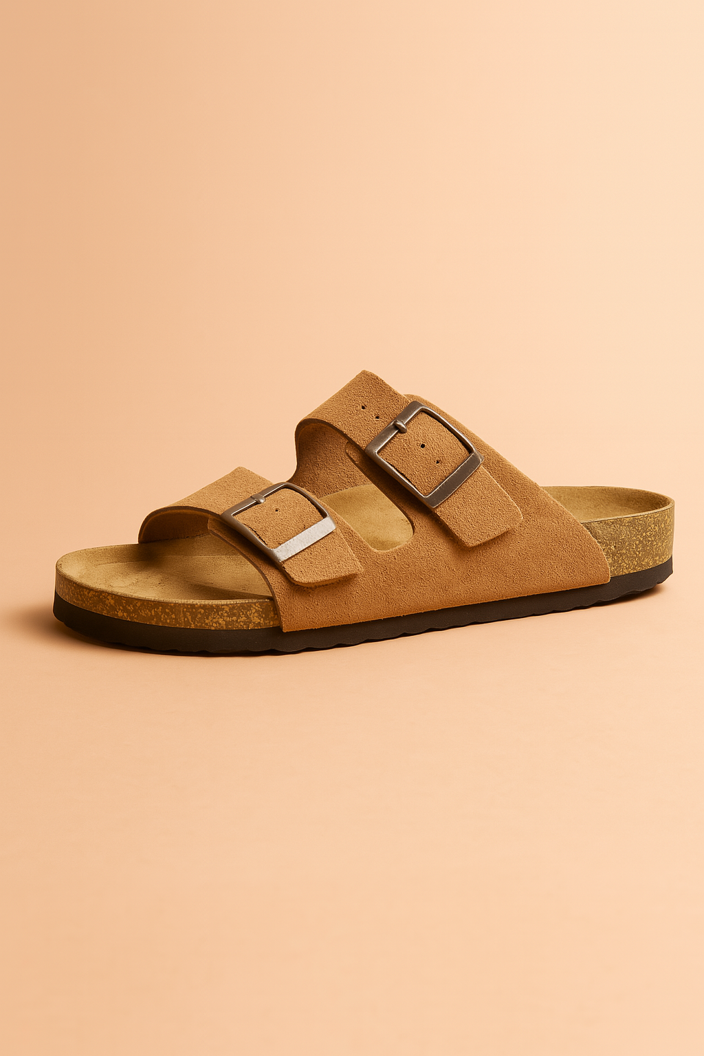 Fashionable women's double buckle slides, ideal casual summer sandals. Slip-on comfort footwear with open toe design.