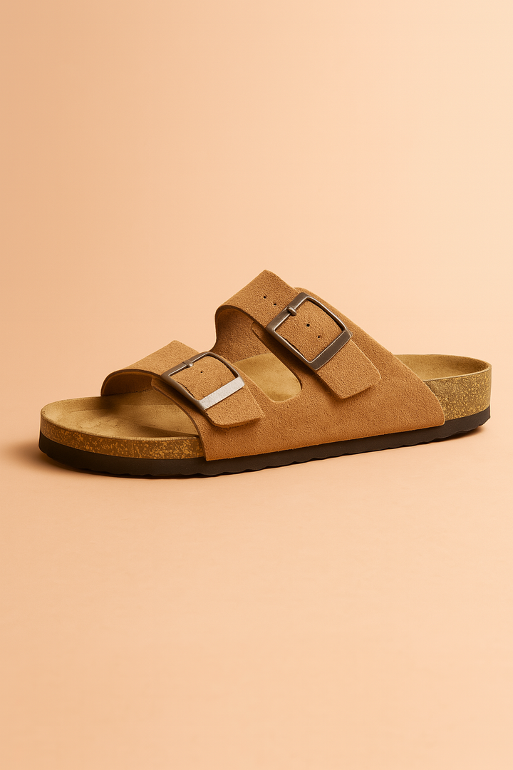 Fashionable women's double buckle slides, ideal casual summer sandals. Slip-on comfort footwear with open toe design.