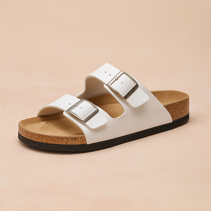 Everyday women's comfort slides with double buckles. Stylish slip-on open-toe sandals for versatile summer footwear.