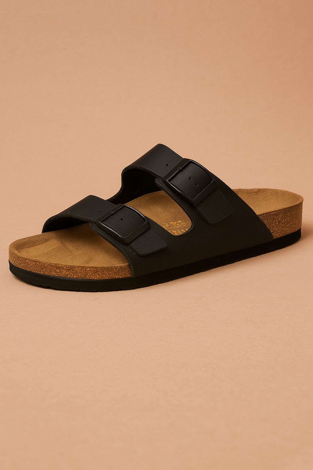 Slip-on open-toe women's sandals featuring double buckles. Casual comfort slides for easy summer wear and everyday style.
