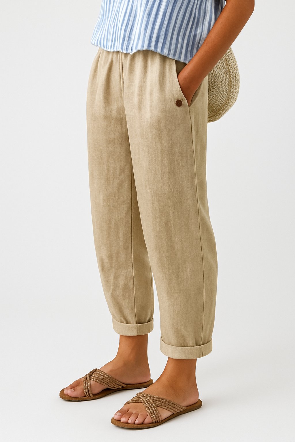 Women's comfortable elastic-waist linen-look straight-leg trousers, perfect for casual summer wear.