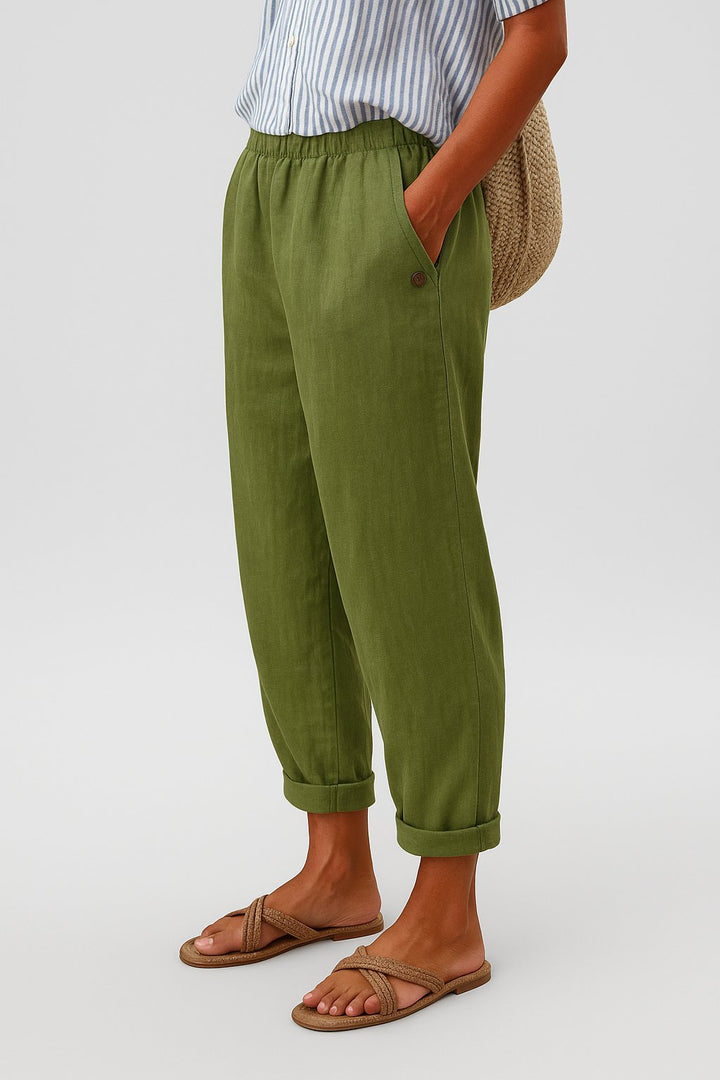 Stylish women's straight-leg trousers with a comfortable elastic waist and elegant linen-look fabric.