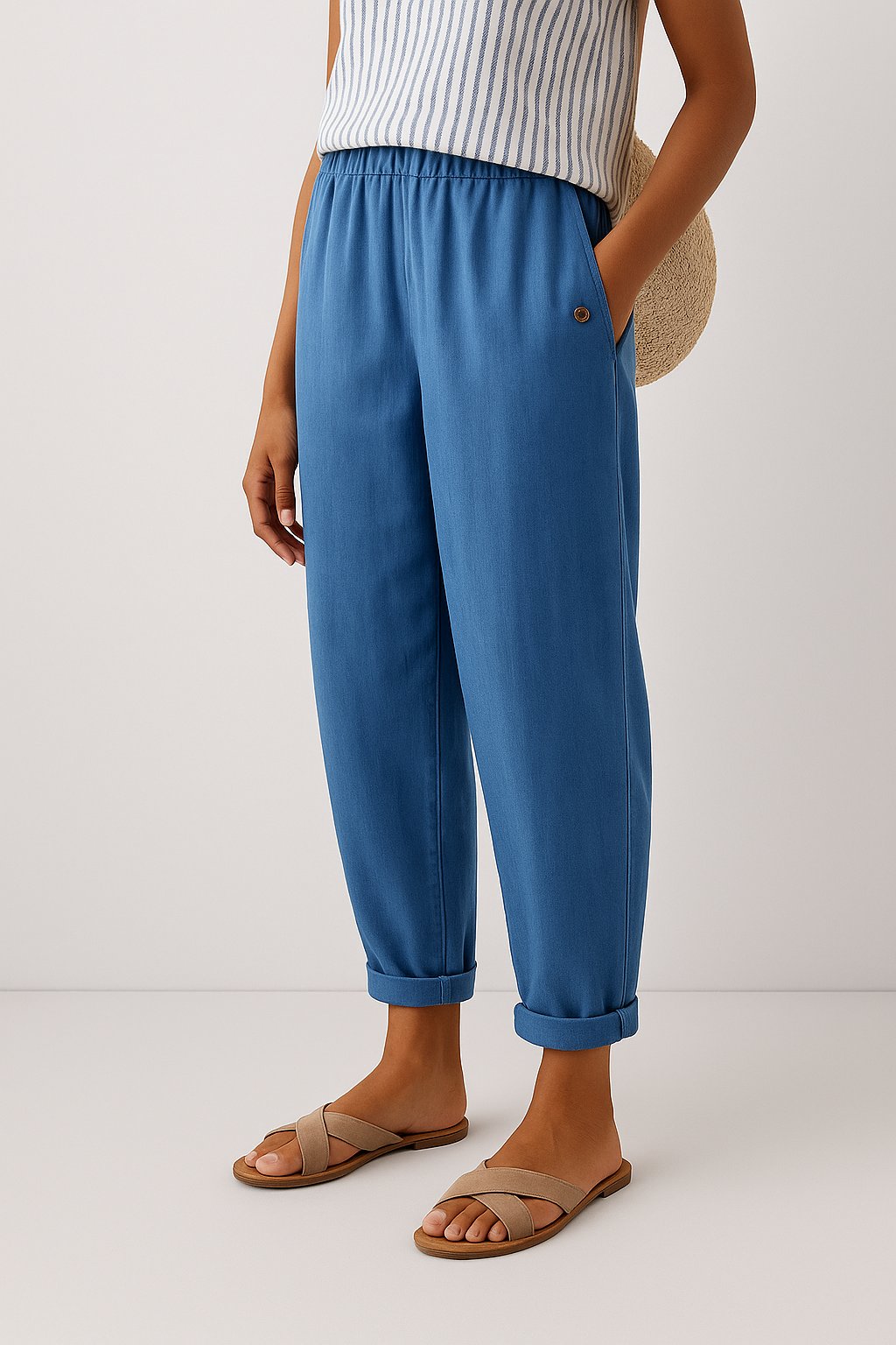 Versatile women's straight-leg linen-look trousers with elastic waist, ideal for casual or work fashion.