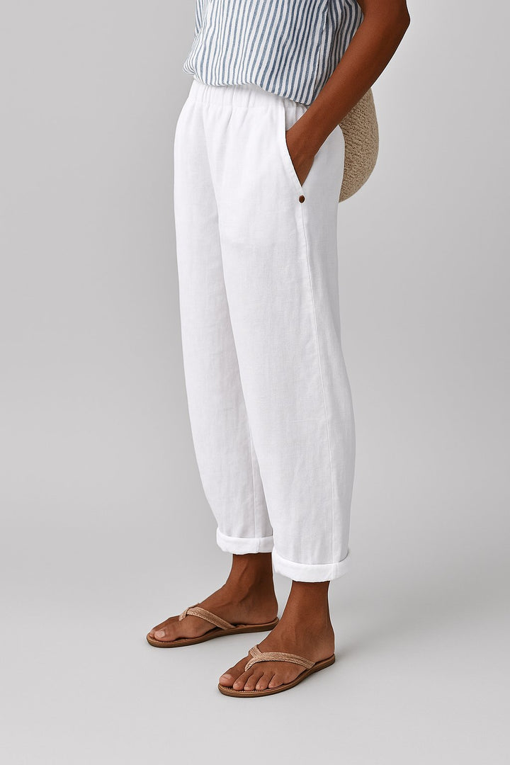 Full view of women's straight-leg linen-look trousers featuring an elastic waist for comfort and style.