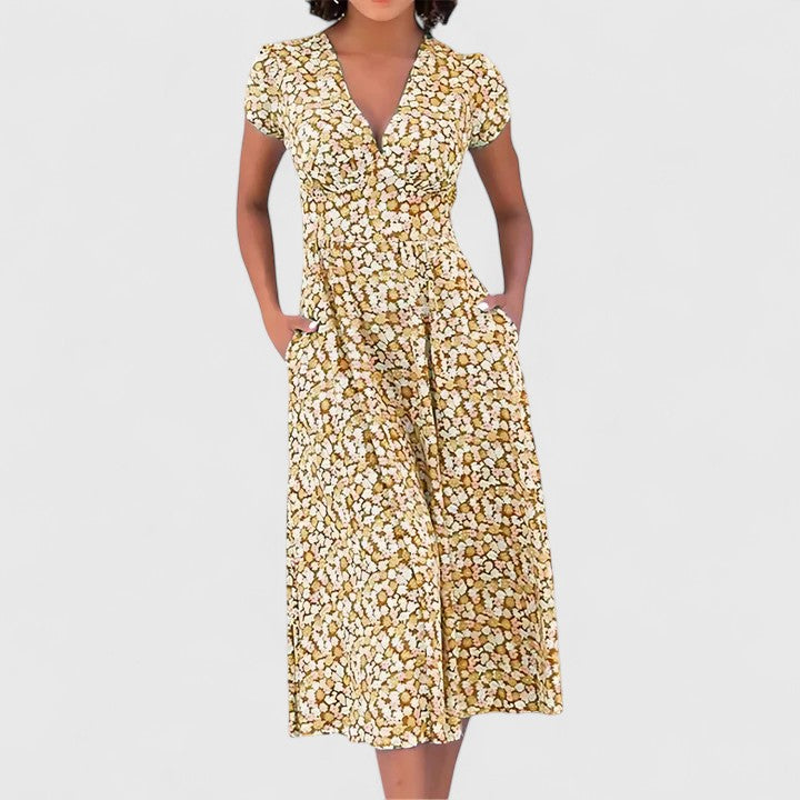 Elegant women's flowy midi dress with a stylish heart neckline, ideal for modest summer fashion & comfort.