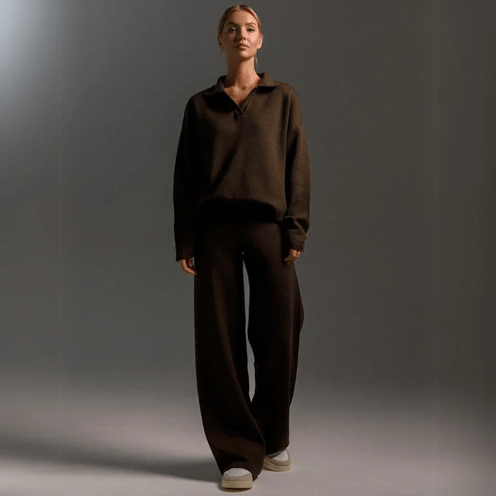 Women's comfortable knit loungewear set; a warm polo-neck sweater & stylish wide-leg trousers for relaxing.