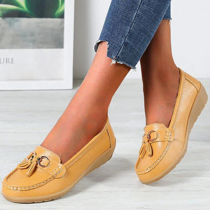 Everyday comfort: women's slip-on leather loafers, elegant, practical, and stylish.