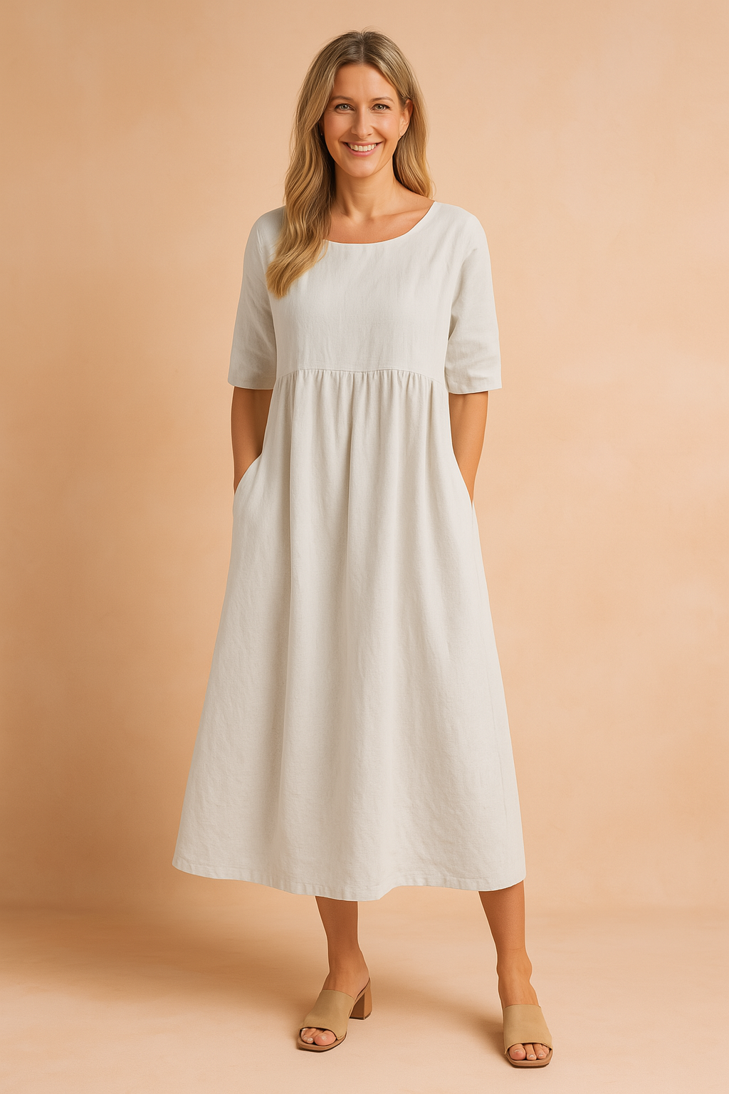 Women's comfortable midi dress with half sleeves, round neck, and practical pockets. Perfect for casual summer wear.
