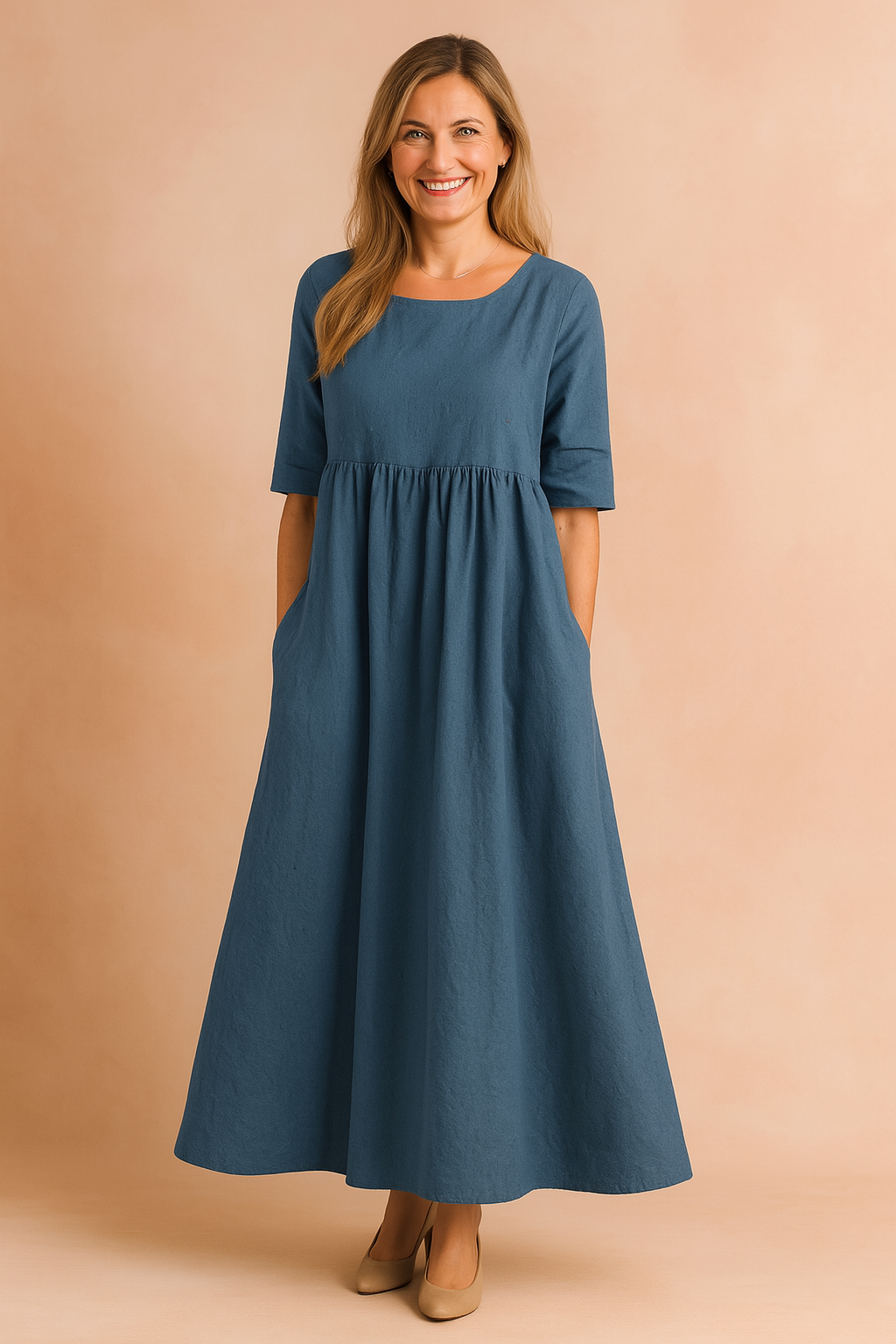Flowy A-line midi dress for women, ideal for spring & summer. Features comfortable half sleeves and pockets.