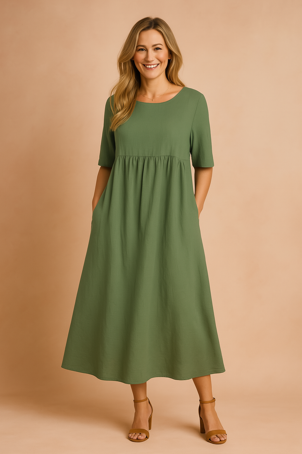Elegant women's midi dress featuring a round neck, half sleeves, and functional pockets. Comfortable & flowy.