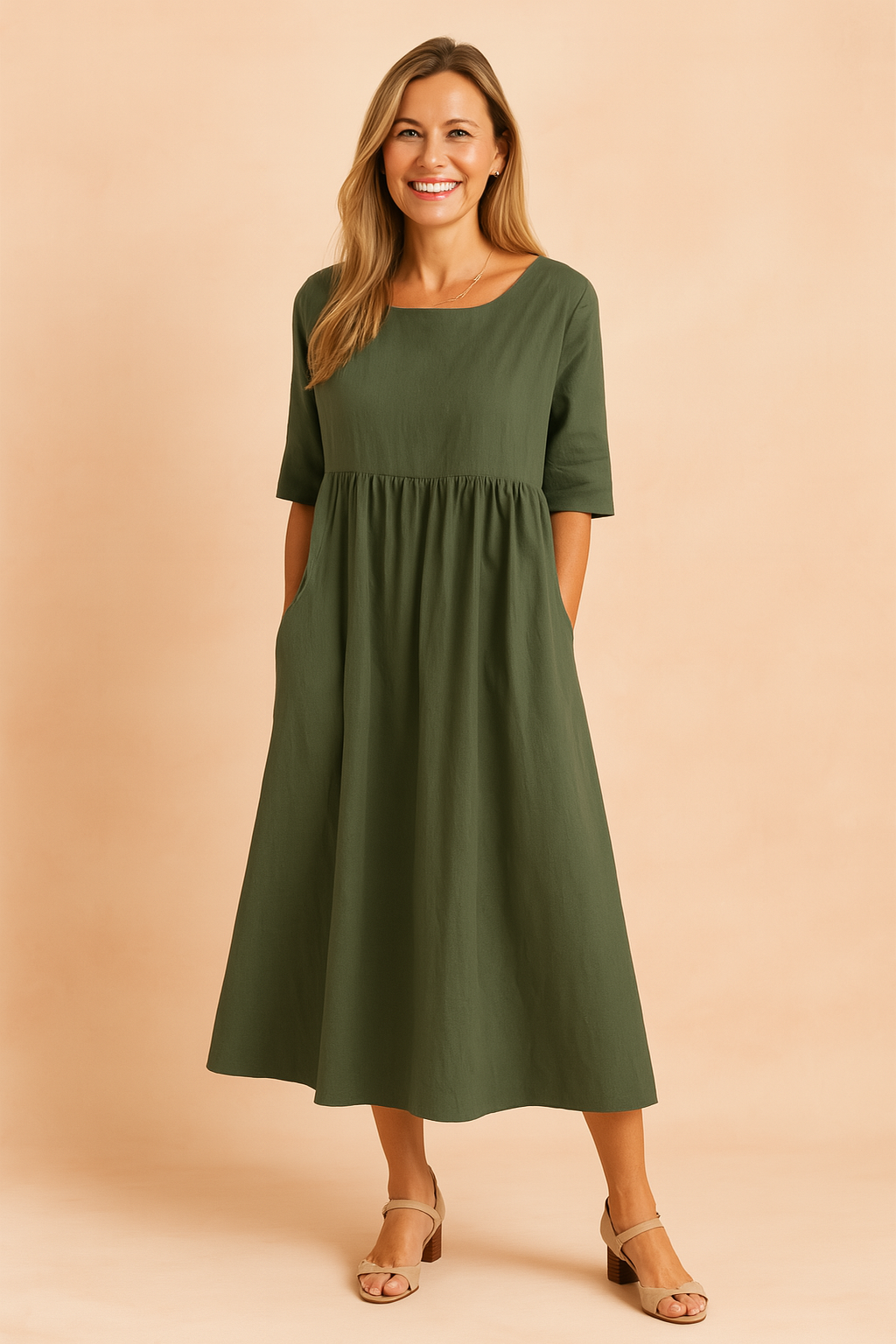Women's casual midi dress with half sleeves & pockets. Comfortable & flowy, perfect for warm spring & summer days.