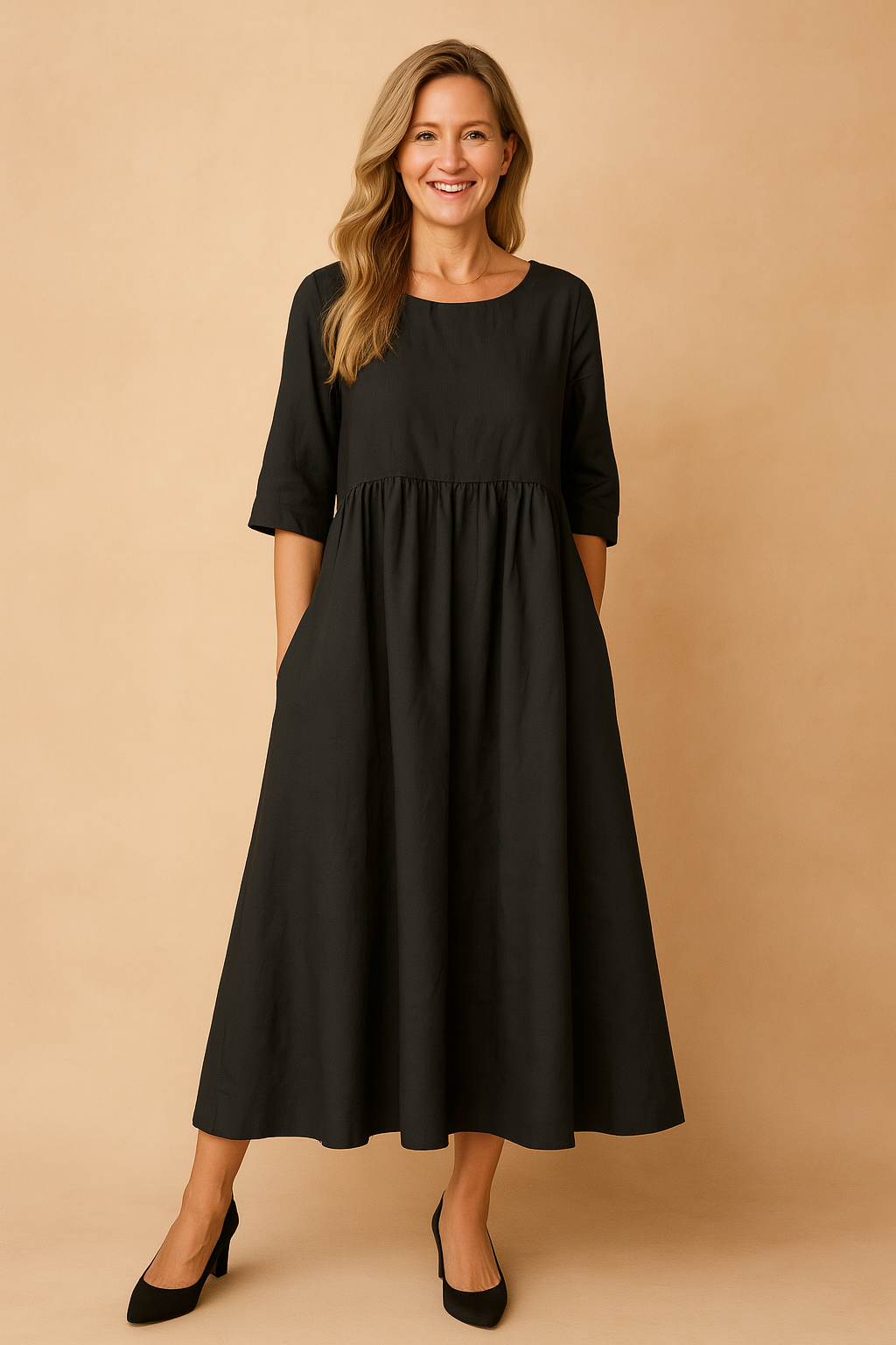 Everyday comfortable midi dress for women with half sleeves and pockets. Versatile for casual spring/summer outfits.