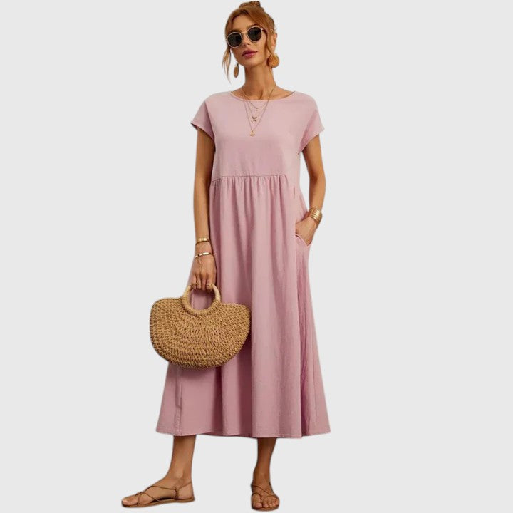 Fashionable women's casual midi dress, flowy and comfortable, with essential pockets.