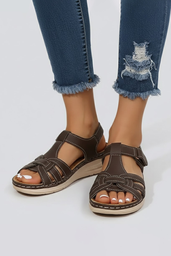 Brown women's comfortable open toe strap sandals, great for casual summer outings & everyday fashion.