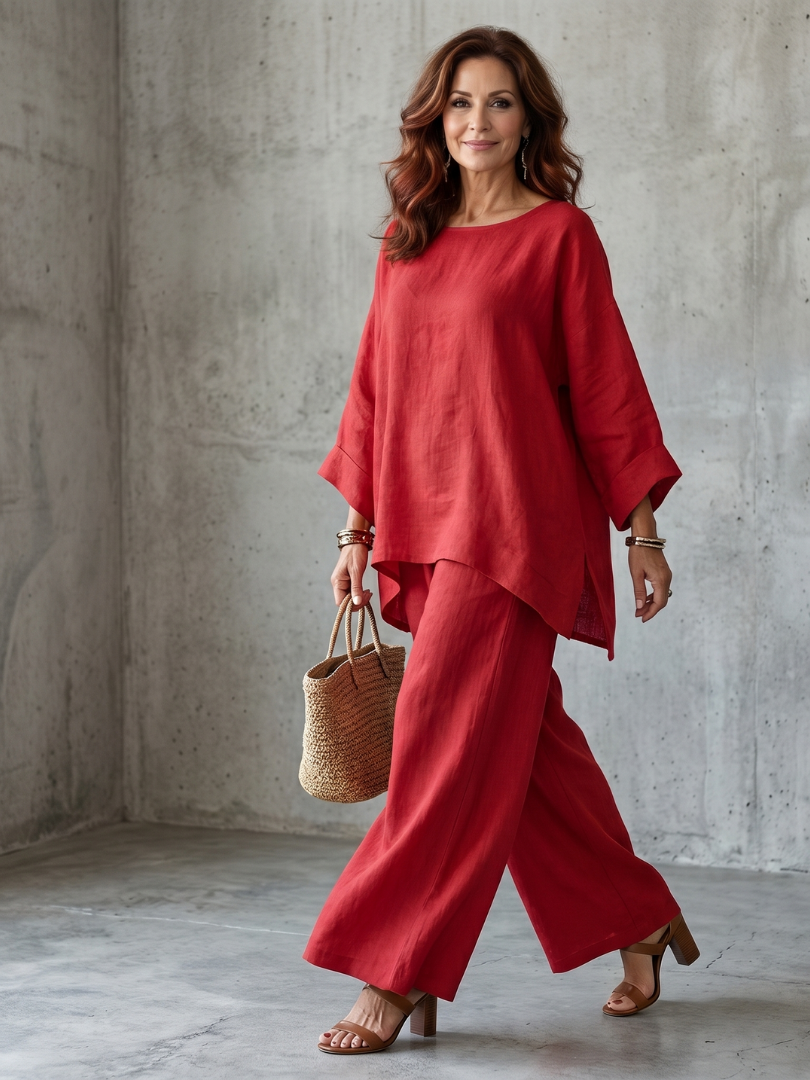 Relaxed fit women's two-piece set featuring an oversized tunic and wide leg pants. Ideal for comfort & travel.