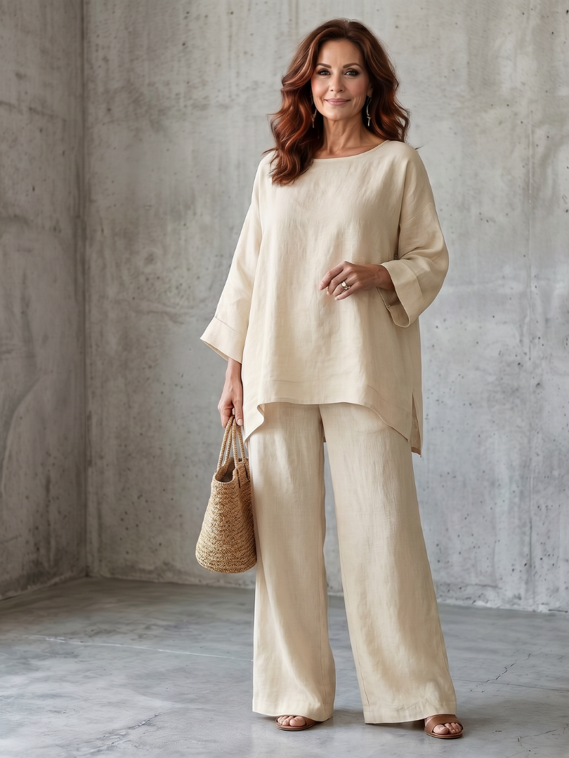 Stylish women's two-piece set with a relaxed oversized tunic and comfortable wide leg pants for any season.