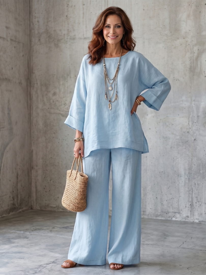 Effortlessly chic women's wide leg pant set with an oversized tunic, perfect for a relaxed yet stylish look.