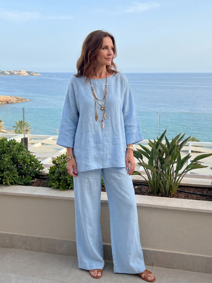 Women's casual oversized tunic and wide leg pant two-piece set, offering ultimate comfort and versatile style.