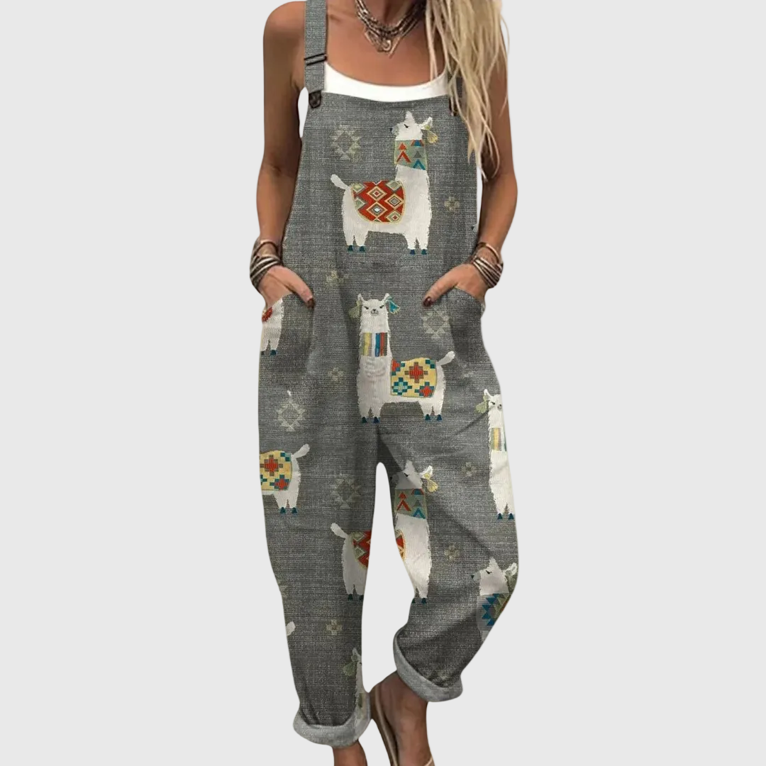 Women's comfortable printed wide-leg jumpsuit, relaxed fit, perfect for summer casual wear or boho style.