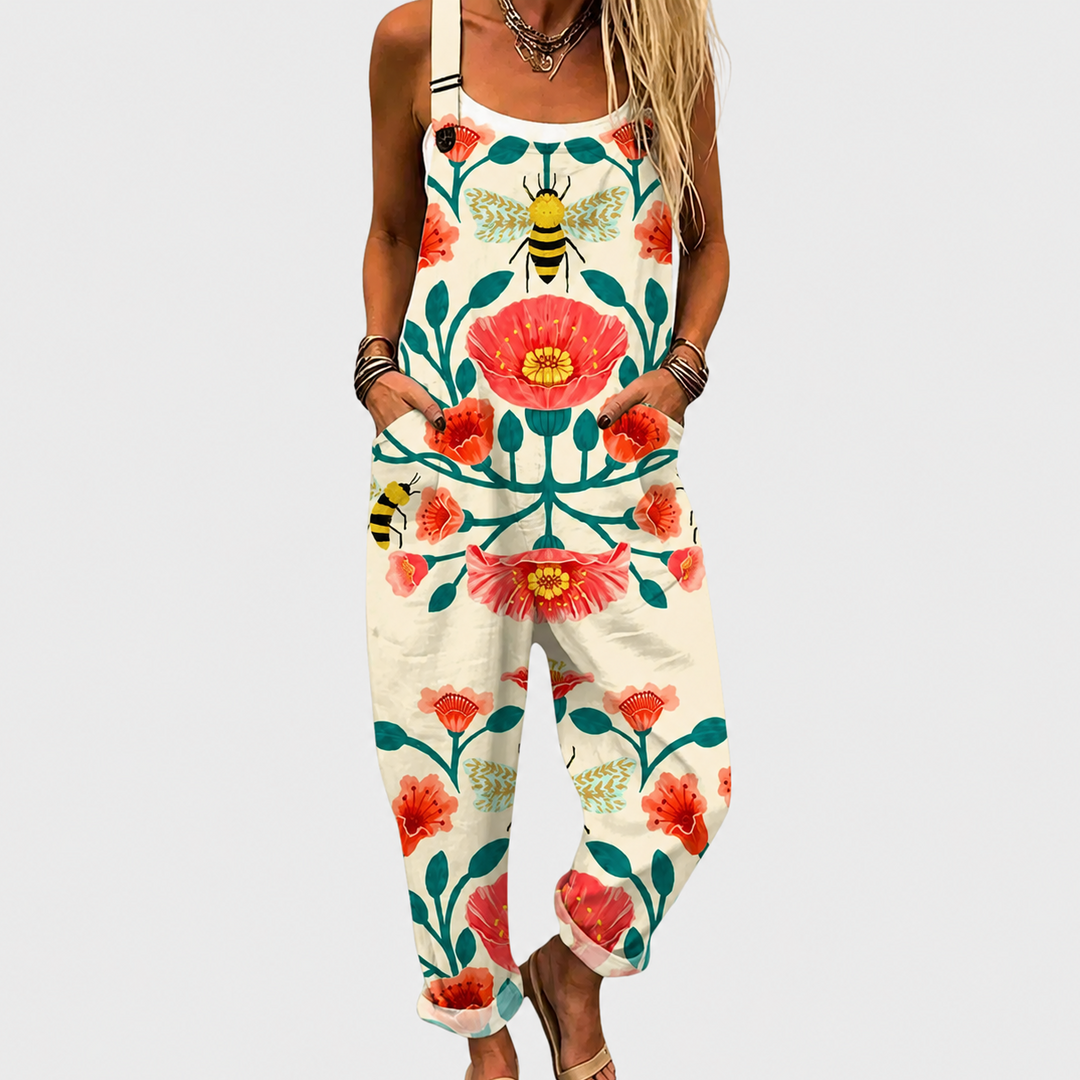 Women's comfortable printed wide-leg jumpsuit with adjustable straps, perfect for stylish casual spring and summer outfits.