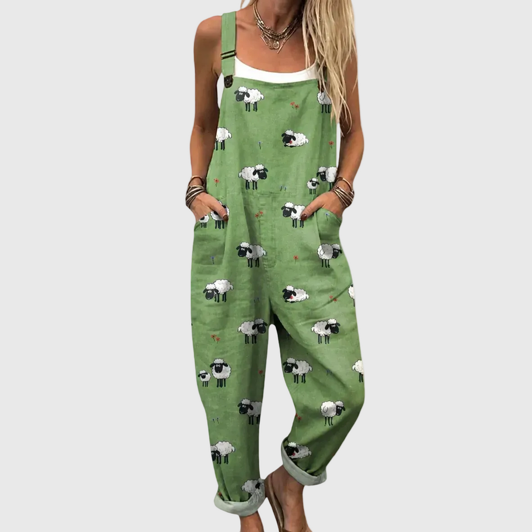 Women's comfortable printed wide-leg jumpsuit with adjustable straps, relaxed fit, ideal for bohemian summer style.